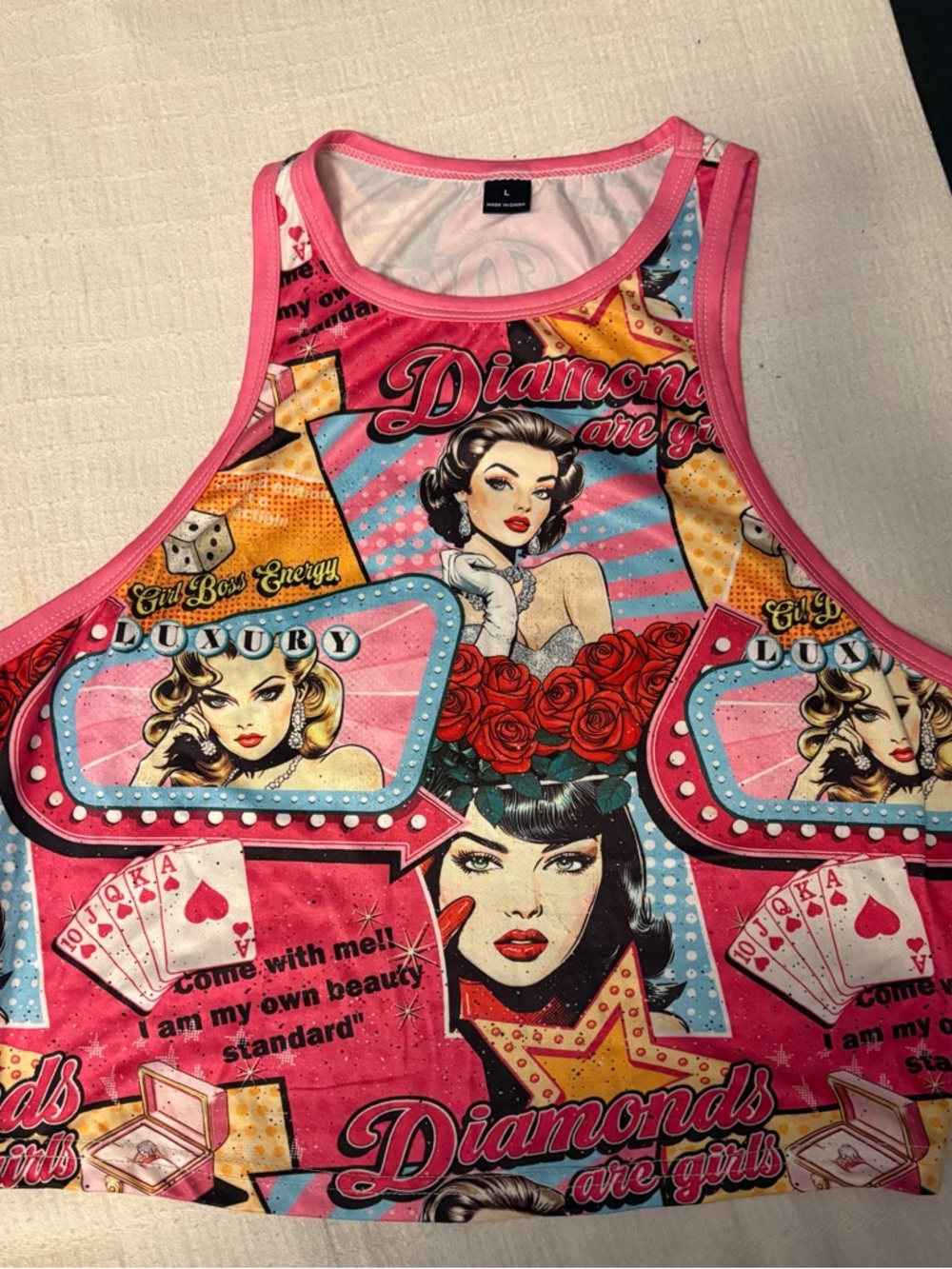 SHEIN Pink Multi-Color Comic Pop Art Cropped Tank Top
